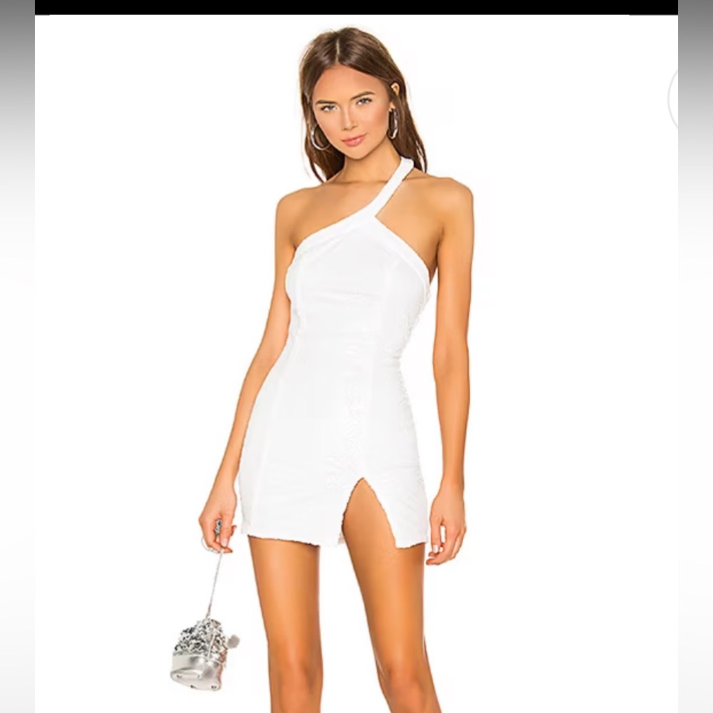 Superdown Revolve Cicely mini dress white sequin one strap asymmetric